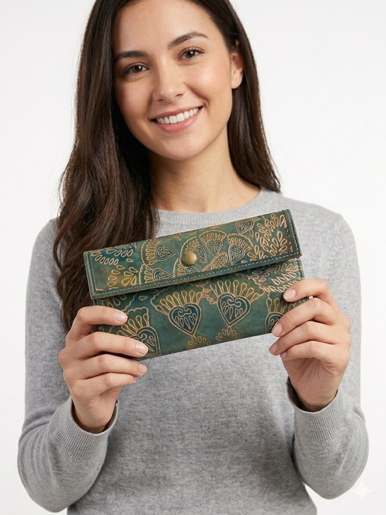 None Handbags - Teal Embossed Leather Journal with Copper Accents